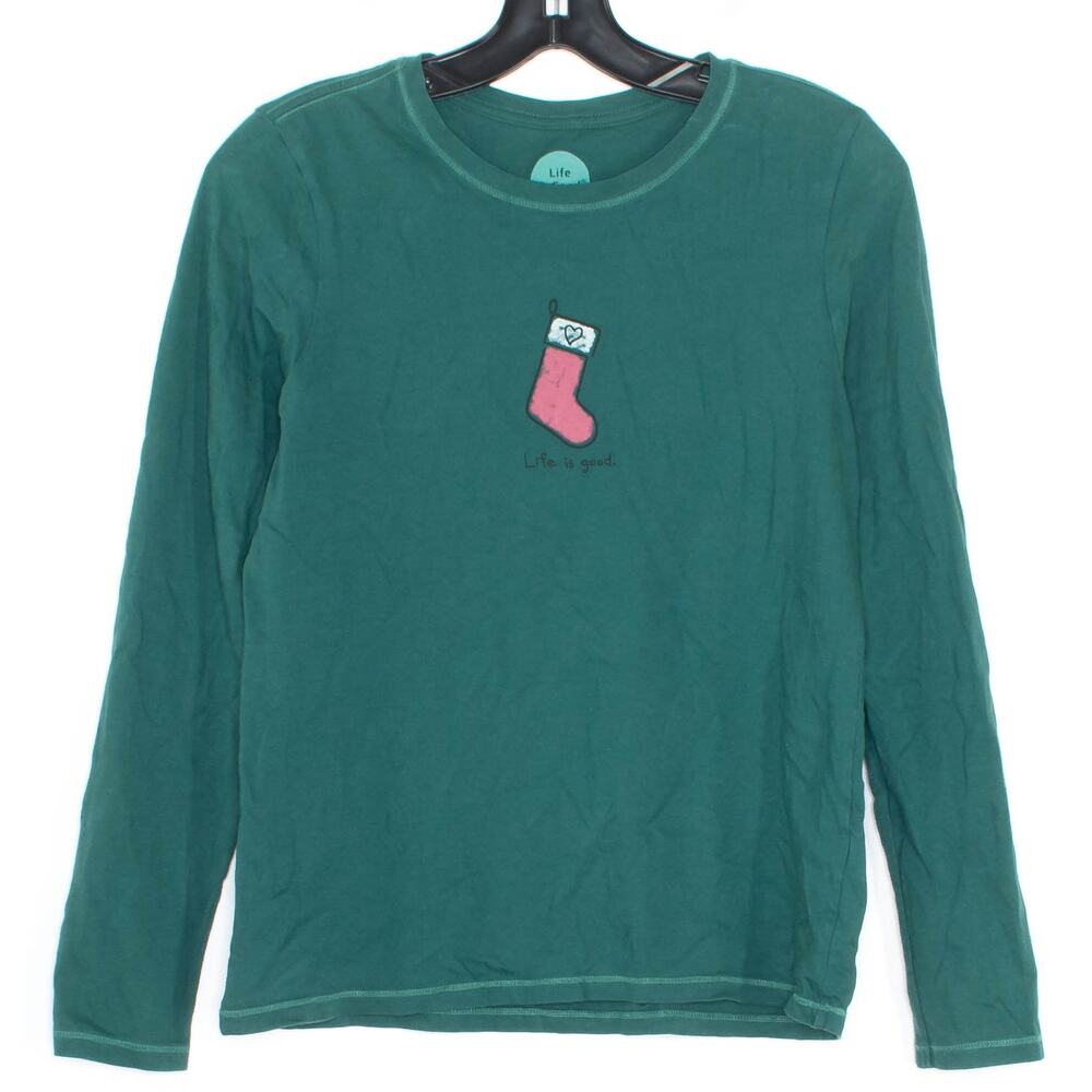 Life Is Good Christmas Graphic Top Green Long Sleeve S Minimalist Comfort Casual